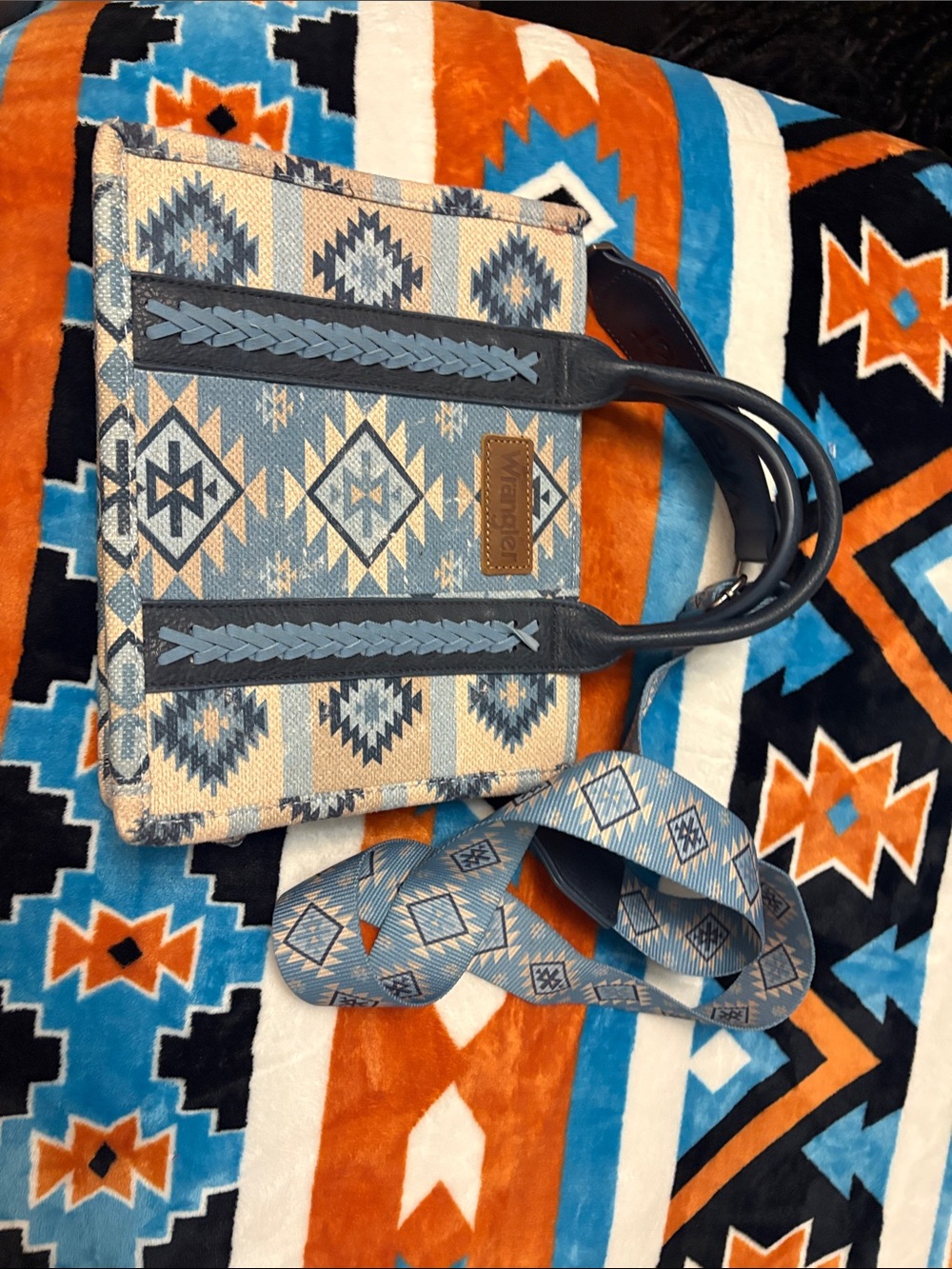 Wrangler Blue and Beige Aztec Tote with Detachable Patterned Strap